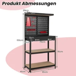 Werkbank Werkzeugbank mit Lochwand Werktisch mit Schublade 81 x 41 x 155 cm Schwarz + Rot