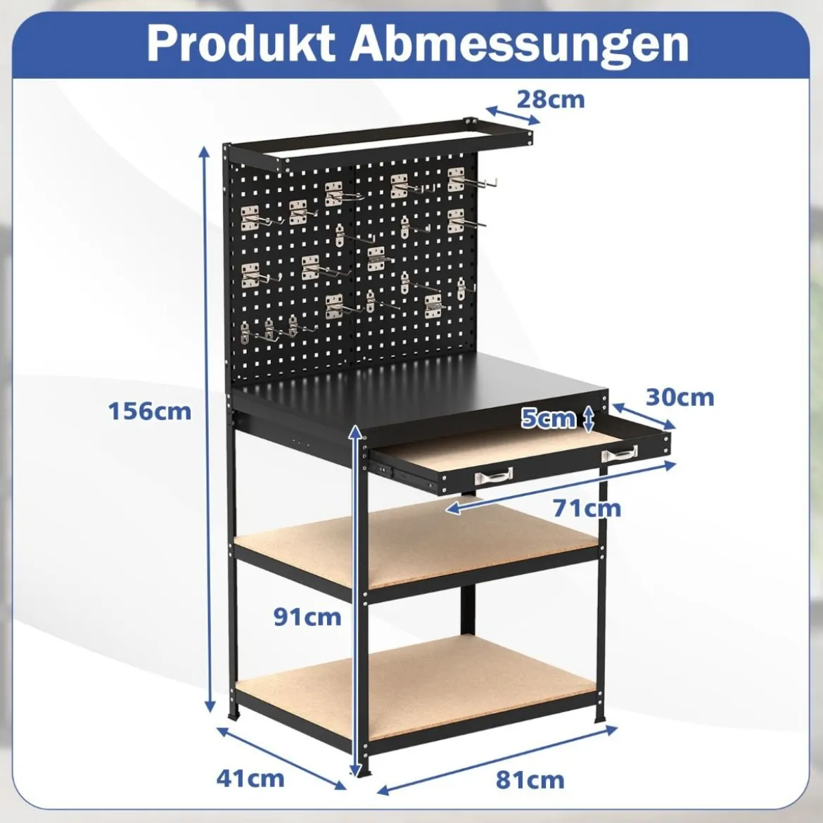 Werkbank 81 x 41 cm 225 kg Tragkraft Arbeitstisch mit Lochwand & Schubladen & regalen Schwarz/Navy