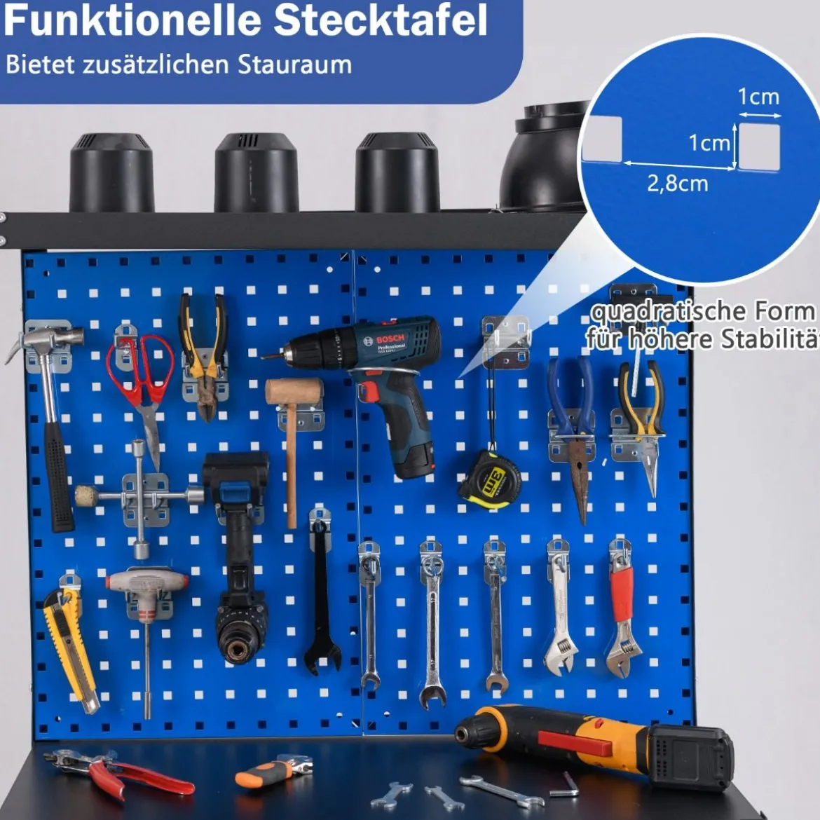Werkbank 81 x 41 cm 225 kg Tragkraft Arbeitstisch mit Lochwand & Schubladen & regalen Schwarz/Navy
