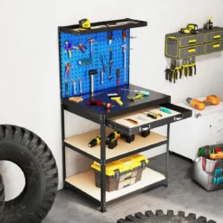 Werkbank 81 x 41 cm 225 kg Tragkraft Arbeitstisch mit Lochwand & Schubladen & regalen Schwarz/Navy