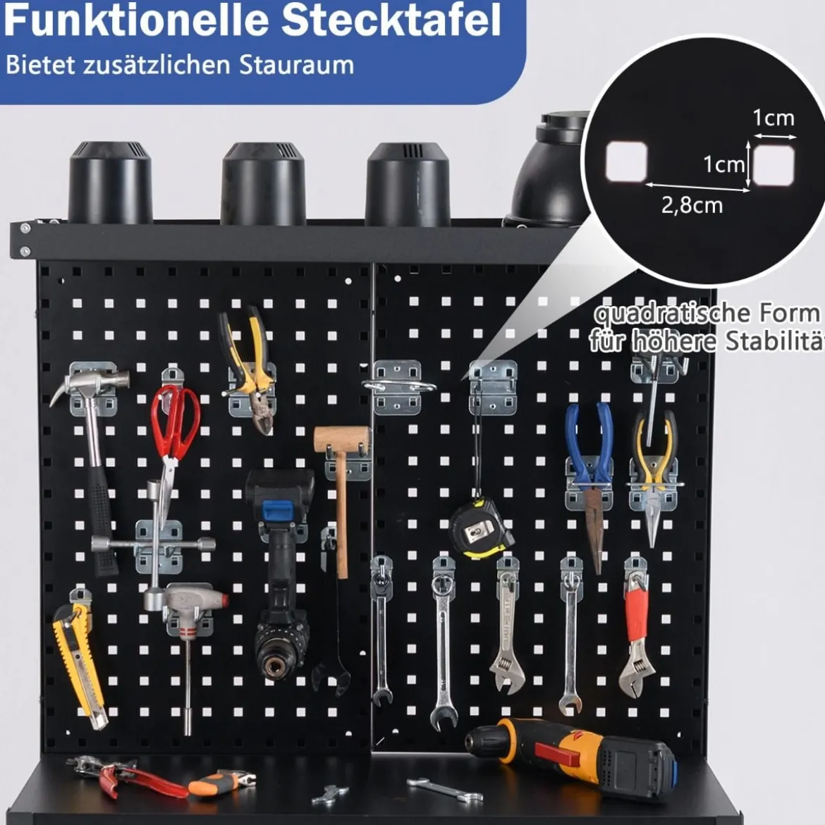 Werkbank 81 x 41 cm 225 kg Tragkraft Arbeitstisch mit Lochwand & Schubladen & regalen Schwarz/Navy