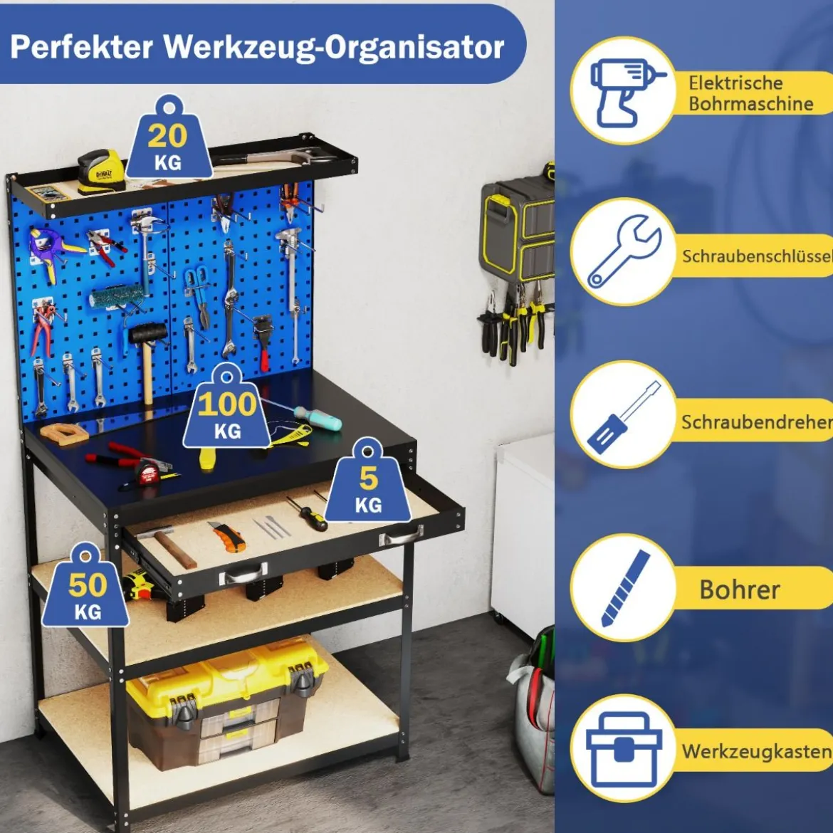 Werkbank 81 x 41 cm 225 kg Tragkraft Arbeitstisch mit Lochwand & Schubladen & regalen Schwarz/Navy