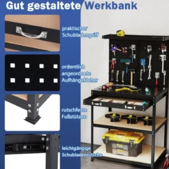Werkbank 81 x 41 cm 225 kg Tragkraft Arbeitstisch mit Lochwand & Schubladen & regalen Schwarz/Navy