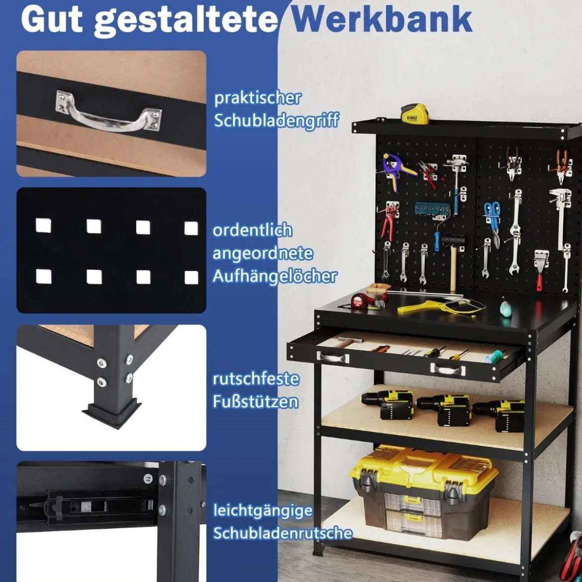 Werkbank 81 x 41 cm 225 kg Tragkraft Arbeitstisch mit Lochwand & Schubladen & regalen Schwarz/Navy