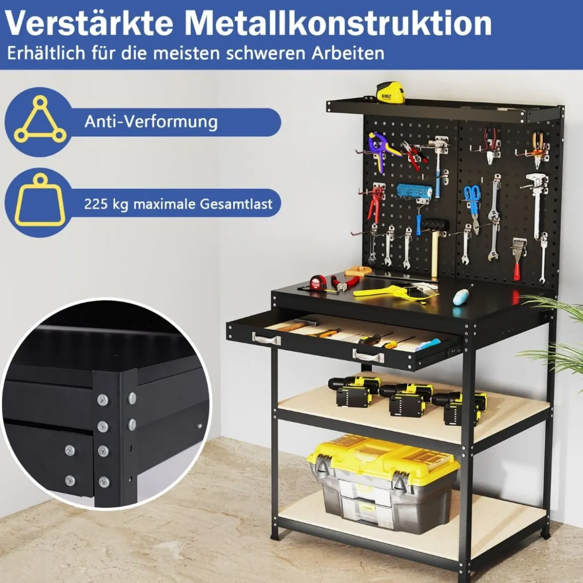 Werkbank 81 x 41 cm 225 kg Tragkraft Arbeitstisch mit Lochwand & Schubladen & regalen Schwarz/Navy