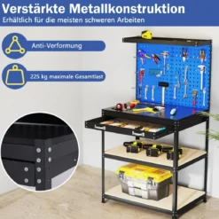 Werkbank 81 x 41 cm 225 kg Tragkraft Arbeitstisch mit Lochwand & Schubladen & regalen Schwarz/Navy