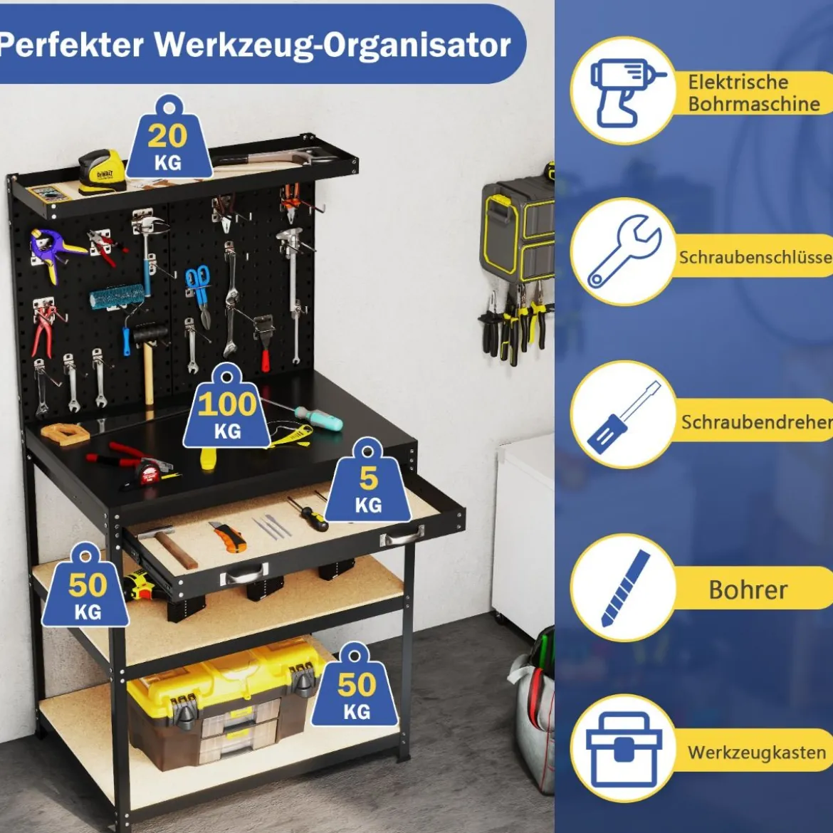 Werkbank 81 x 41 cm 225 kg Tragkraft Arbeitstisch mit Lochwand & Schubladen & regalen Schwarz/Navy