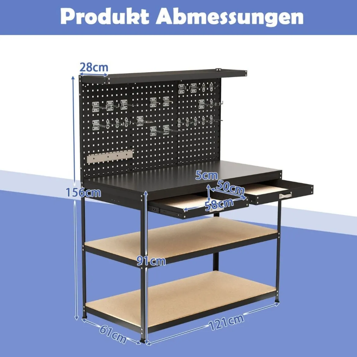 Werkbank 121 x 61 cm 230 kg Tragkraft Arbeitstisch mit Lochwand Werktisch Werkzeugbank Schwarz/Blau