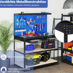Werkbank 121 x 61 cm 230 kg Tragkraft Arbeitstisch mit Lochwand Werktisch Werkzeugbank Schwarz/Blau