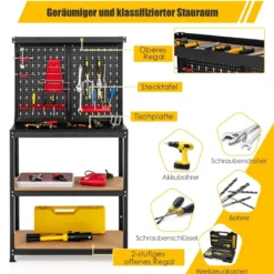 Werkbank zur Werkzeugaufbewahrung mit Steckbrett & 2 Unteren Ablagen 81 x 41 x 155 cm