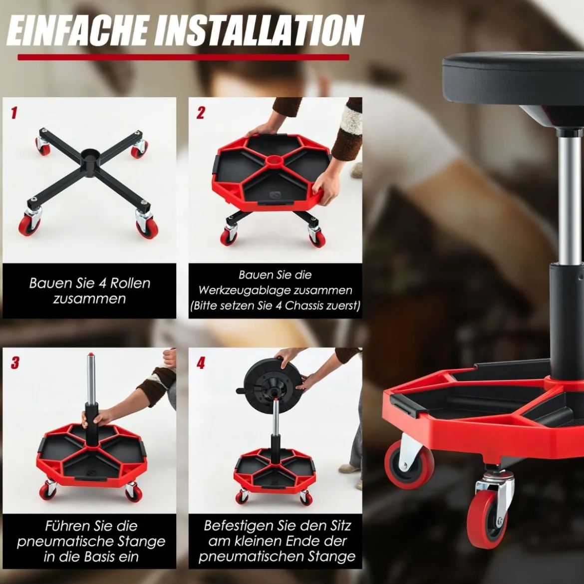 Werkstatt Rollsitz mit Ablage & 4 Universalrollen 150 kg Belastbar Höhenverstellbar Rot + Schwarz