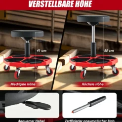 Werkstatt Rollsitz mit Ablage & 4 Universalrollen 150 kg Belastbar Höhenverstellbar Rot + Schwarz