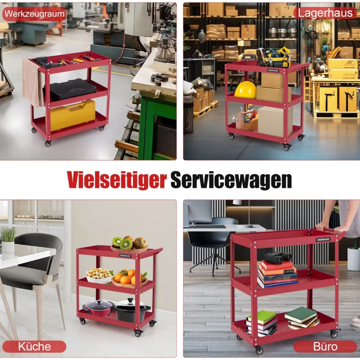 Werkstatt-Rollwagen 3 Etagen Werkstattwagen mit 4 Universalrädern & Griff 73 x 36 x 75 cm Rot