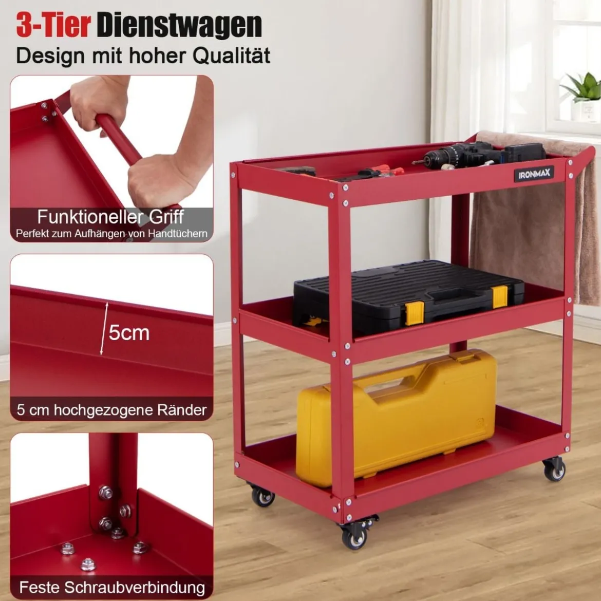 Werkstatt-Rollwagen 3 Etagen Werkstattwagen mit 4 Universalrädern & Griff 73 x 36 x 75 cm Rot