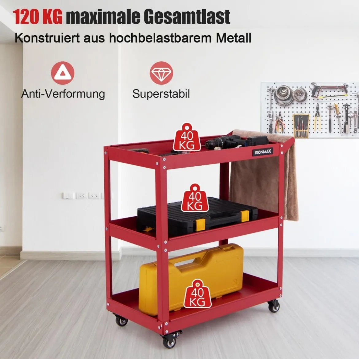 Werkstatt-Rollwagen 3 Etagen Werkstattwagen mit 4 Universalrädern & Griff 73 x 36 x 75 cm Rot