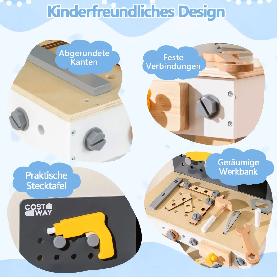 Werkzeugbank für Kinder hölzernes Werkbank-Spielset zum Rollenspiel mit Stecktafel Kreidetafel und Ablageregal