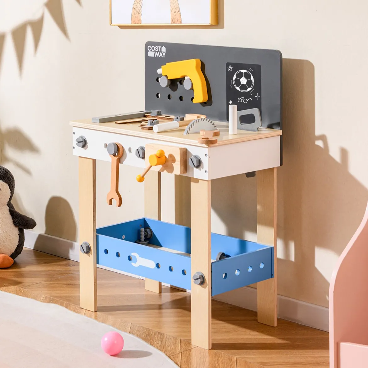 Werkzeugbank für Kinder hölzernes Werkbank-Spielset zum Rollenspiel mit Stecktafel Kreidetafel und Ablageregal