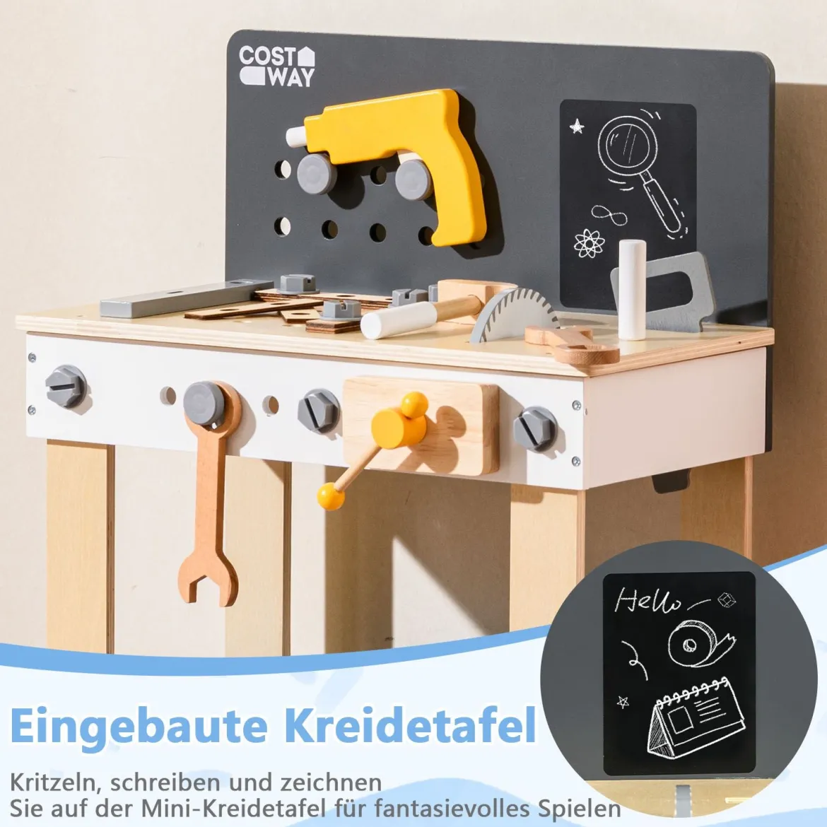 Werkzeugbank für Kinder hölzernes Werkbank-Spielset zum Rollenspiel mit Stecktafel Kreidetafel und Ablageregal