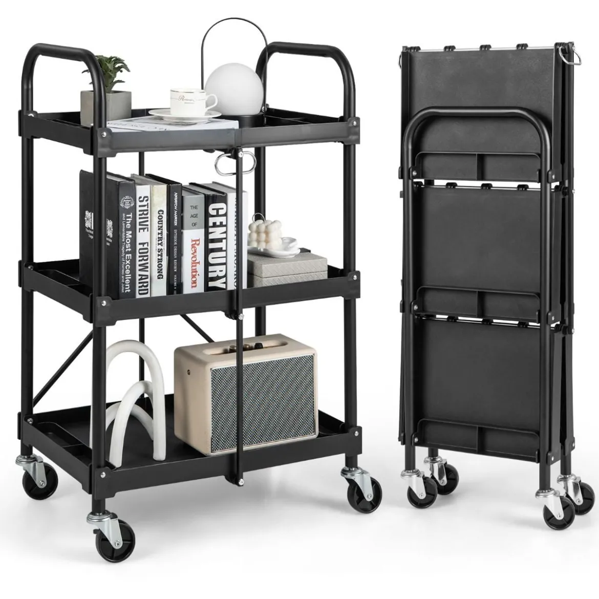 Werkzeugwagen 3 Etagen Klappbarer Rollwagen auf Rollen 61 x 44 x 96 cm Schwarz