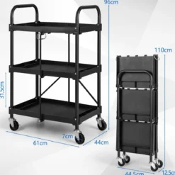 Werkzeugwagen 3 Etagen Klappbarer Rollwagen auf Rollen 61 x 44 x 96 cm Schwarz