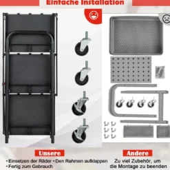 Werkzeugwagen 3 Etagen Klappbarer Rollwagen auf Rollen 61 x 44 x 96 cm Schwarz