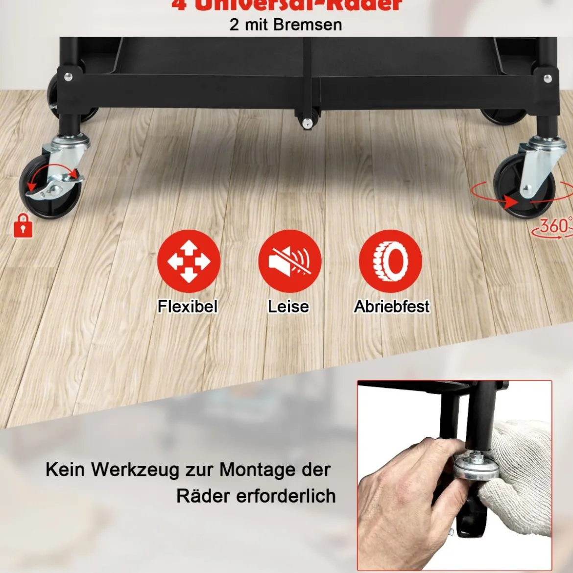 Werkzeugwagen 3 Etagen Klappbarer Rollwagen auf Rollen 61 x 44 x 96 cm Schwarz