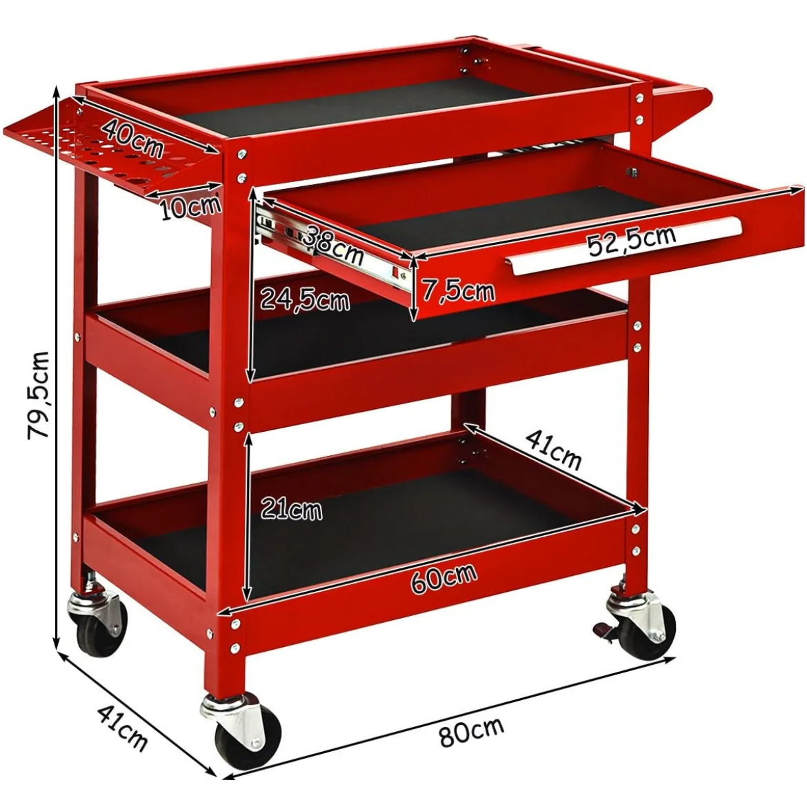 Werkzeugwagen 3 Etagen Werkstattwagen Handwagen mit Schublade Metall Rot80 x 41 x 79,5 cm