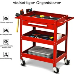 Werkzeugwagen 3 Etagen Werkstattwagen Handwagen mit Schublade Metall Rot80 x 41 x 79,5 cm