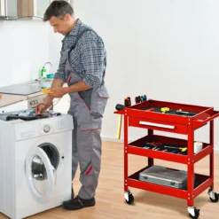 Werkzeugwagen 3 Etagen Werkstattwagen Handwagen mit Schublade Metall Rot80 x 41 x 79,5 cm