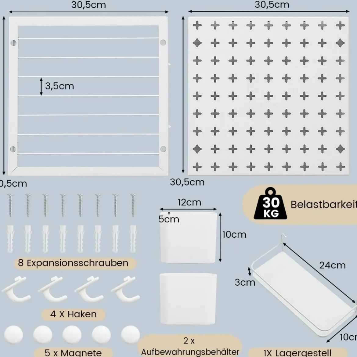 Werkzeugwand mit 2 Aufbewahrungsbehälter & 1 Lagergestell & 5 Magneten & 4 Haken Stecktafel