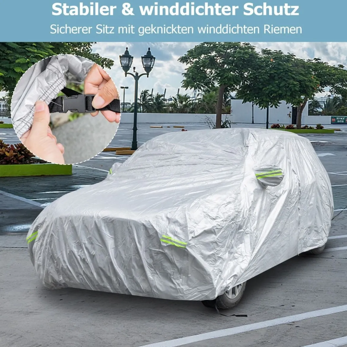 Wetterfeste Abdeckplane für Fahrzeuge Autoabdeckung mit Reißverschlusstür 483 x 191 x 153 cm Silber