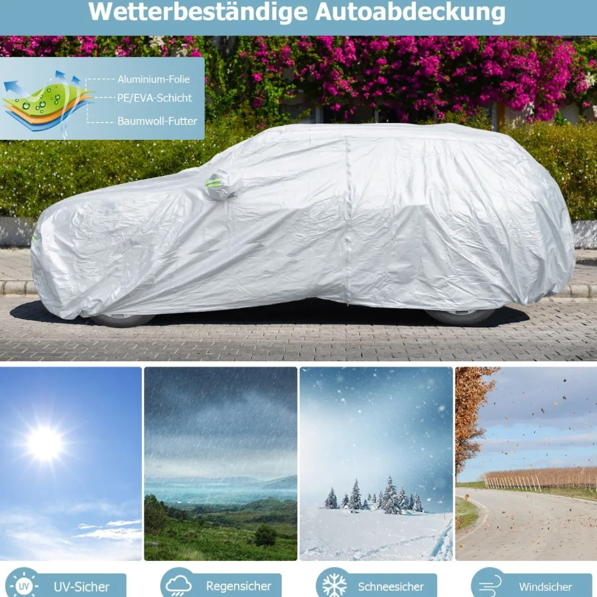 Wetterfeste Abdeckplane für Fahrzeuge Autoabdeckung mit Reißverschlusstür 483 x 191 x 153 cm Silber