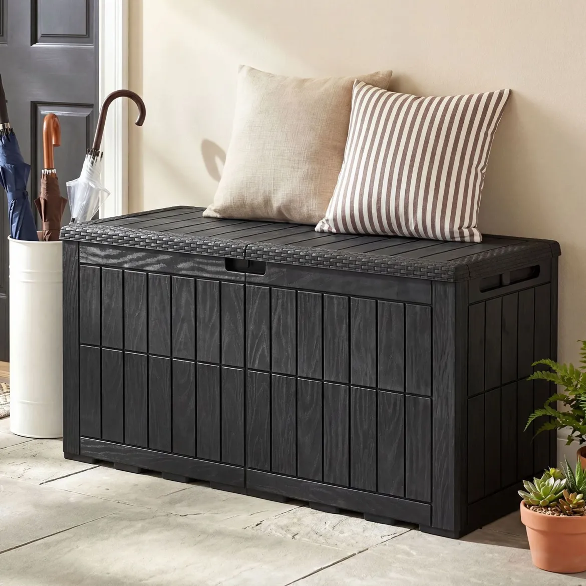 Wetterfeste Auflagenbox 380L Outdoor Aufbewahrungsbox mit Abschließbarem Deckel Schwarz