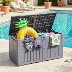 Wetterfeste Auflagenbox 380L Outdoor Aufbewahrungsbox mit Abschließbarem Deckel Hellgrau