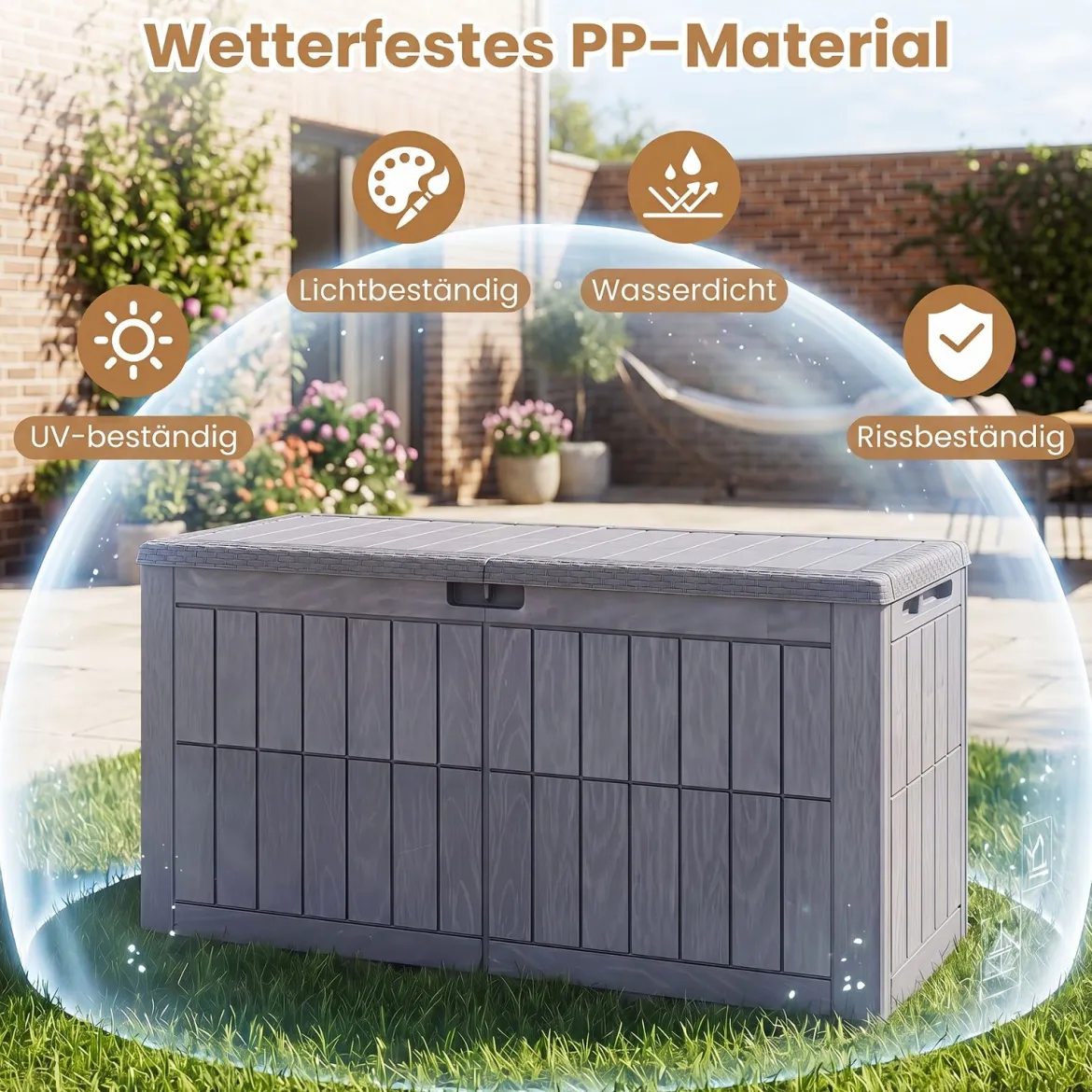 Wetterfeste Auflagenbox 380L Outdoor Aufbewahrungsbox mit Abschließbarem Deckel Hellgrau