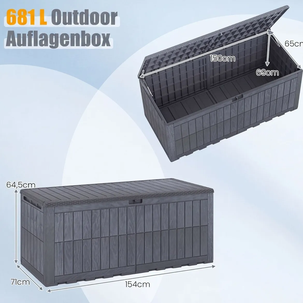 Wetterfeste Auflagenbox 680L Outdoor Aufbewahrungsbox mit Abschließbarem Deckel & Gasdruckfedern Grau