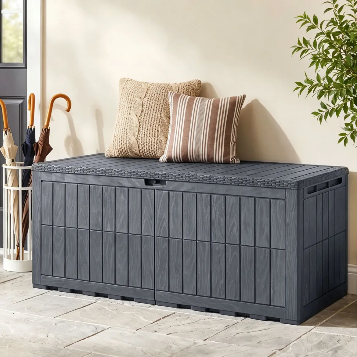 Wetterfeste Auflagenbox 680L Outdoor Aufbewahrungsbox mit Abschließbarem Deckel & Gasdruckfedern Grau