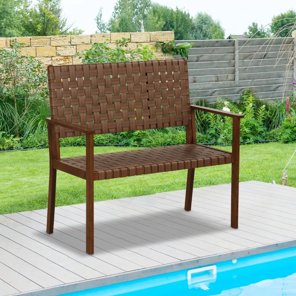Wetterfeste Gartenbank aus Holz mit Rückenlehne & Armlehne & Handgewebtem Kunstleder Parkbank