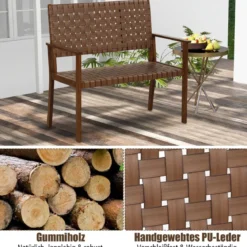 Wetterfeste Gartenbank aus Holz mit Rückenlehne & Armlehne & Handgewebtem Kunstleder Parkbank