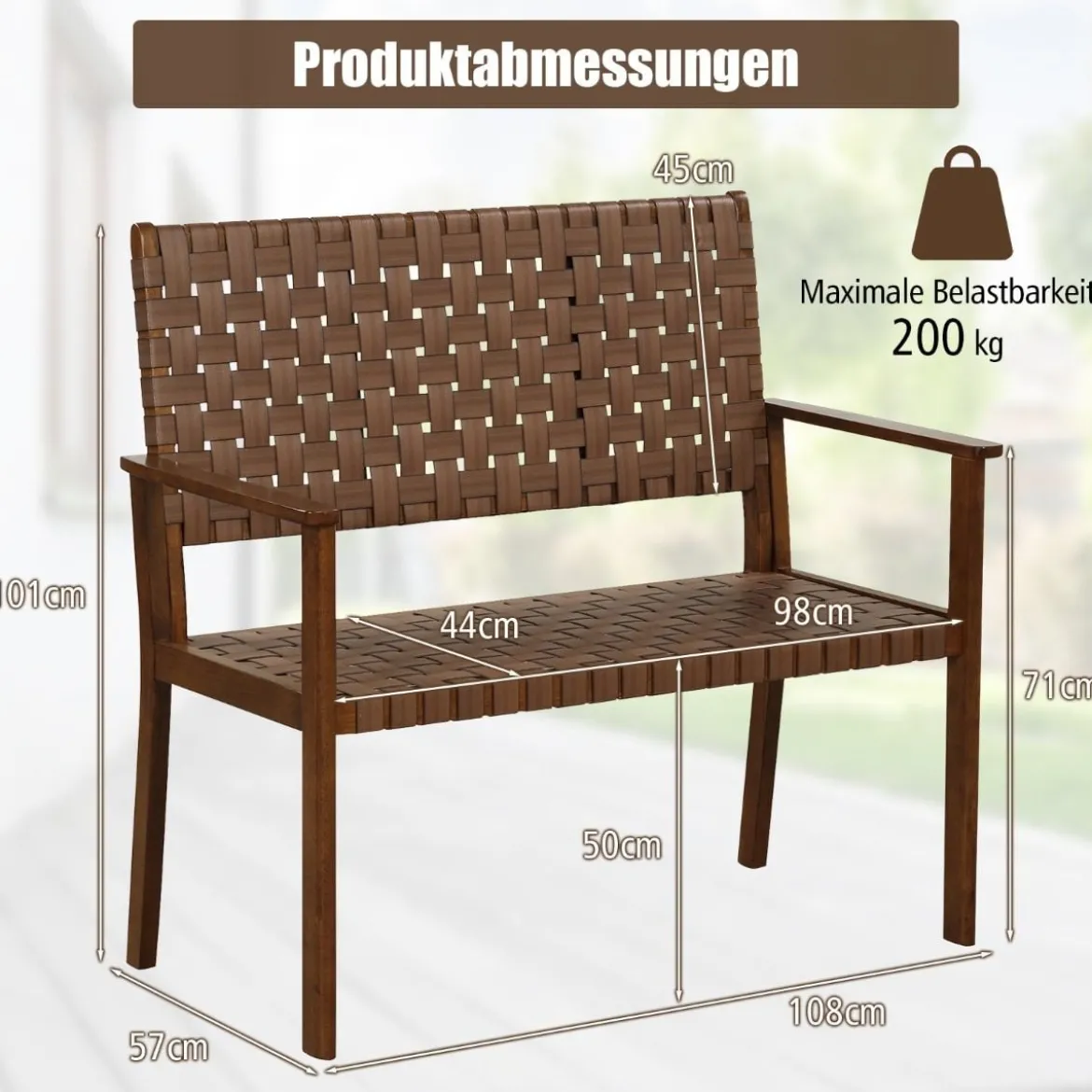 Wetterfeste Gartenbank aus Holz mit Rückenlehne & Armlehne & Handgewebtem Kunstleder Parkbank