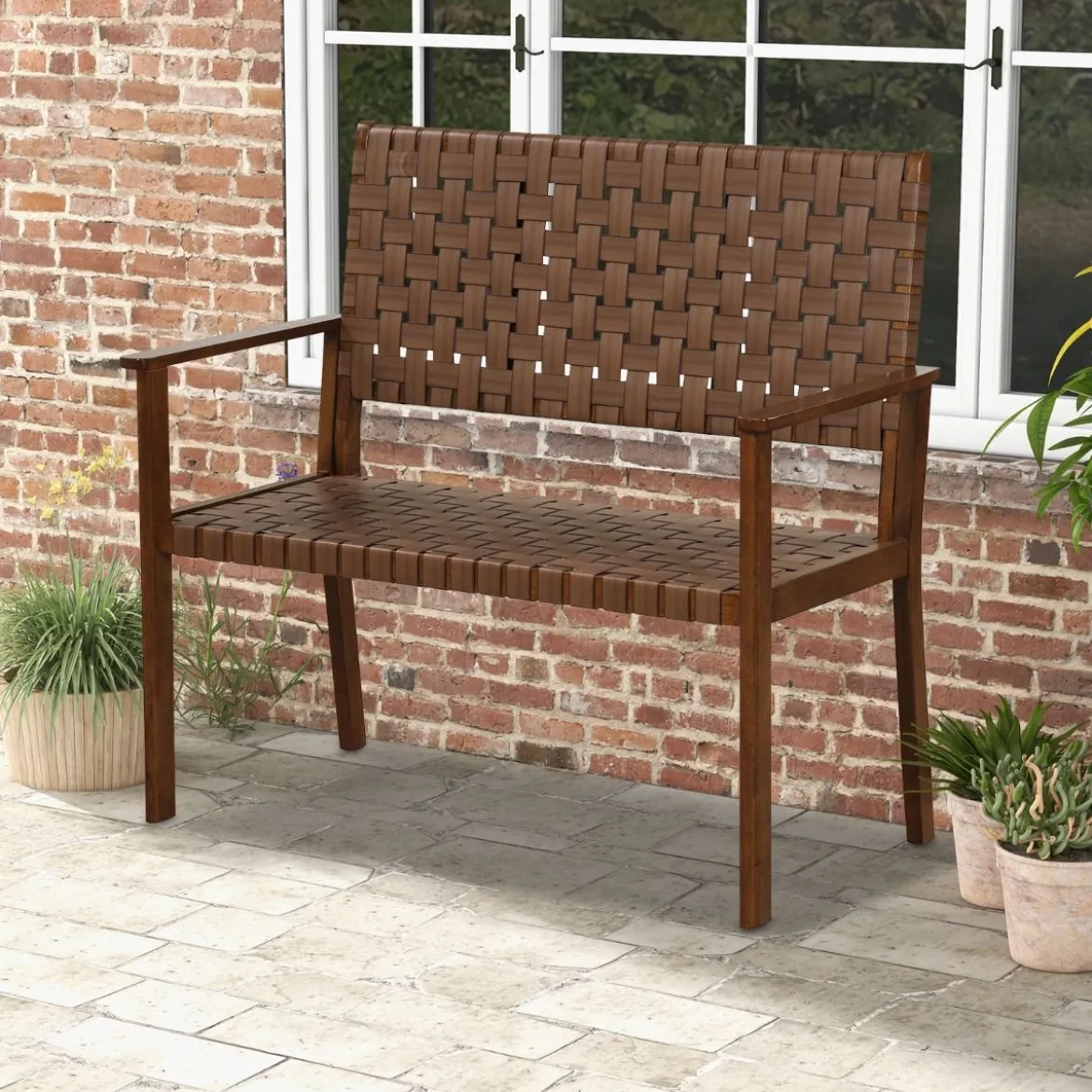 Wetterfeste Gartenbank aus Holz mit Rückenlehne & Armlehne & Handgewebtem Kunstleder Parkbank