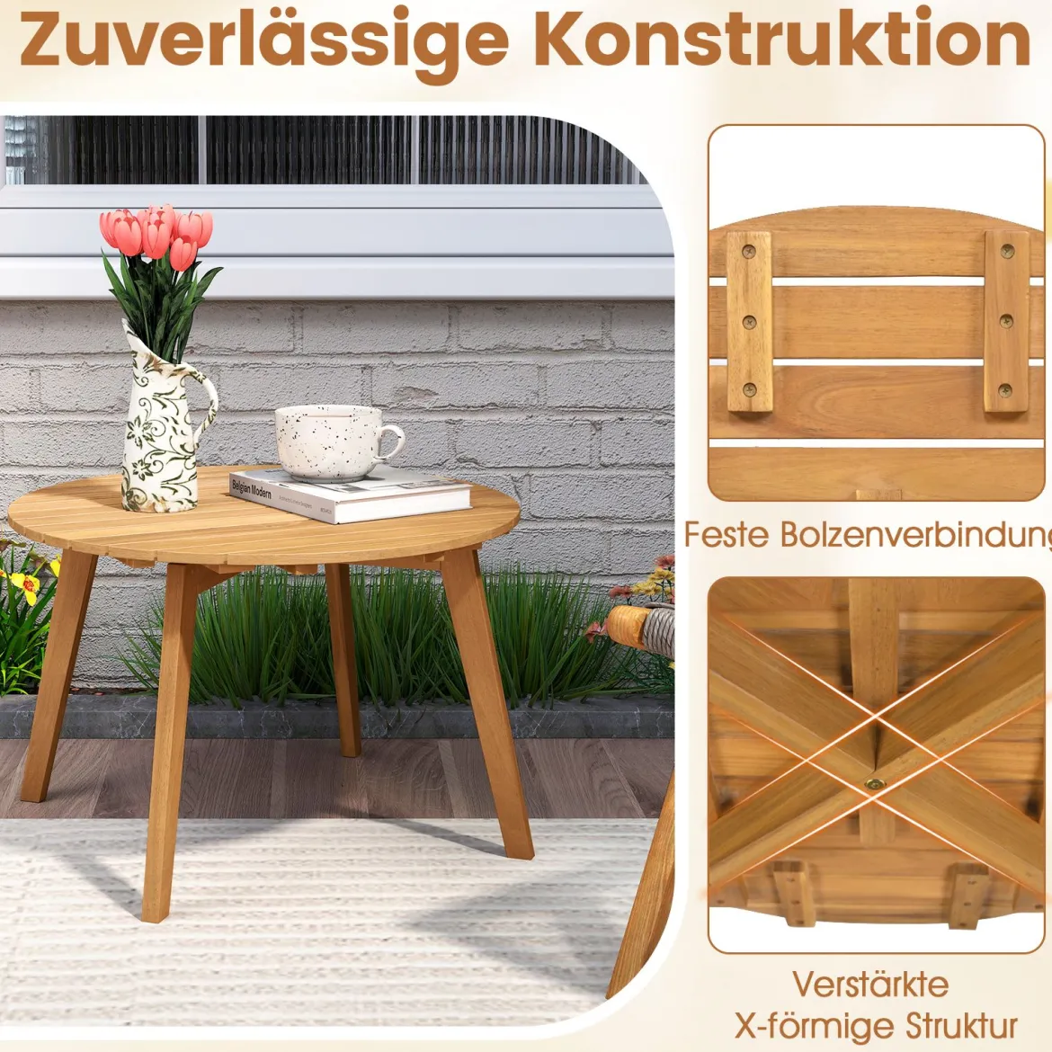 Wetterfester Beistelltisch aus Akazienholz Runder Gartentisch Balkontisch Kaffeetisch 62 x 62 x 40 cm