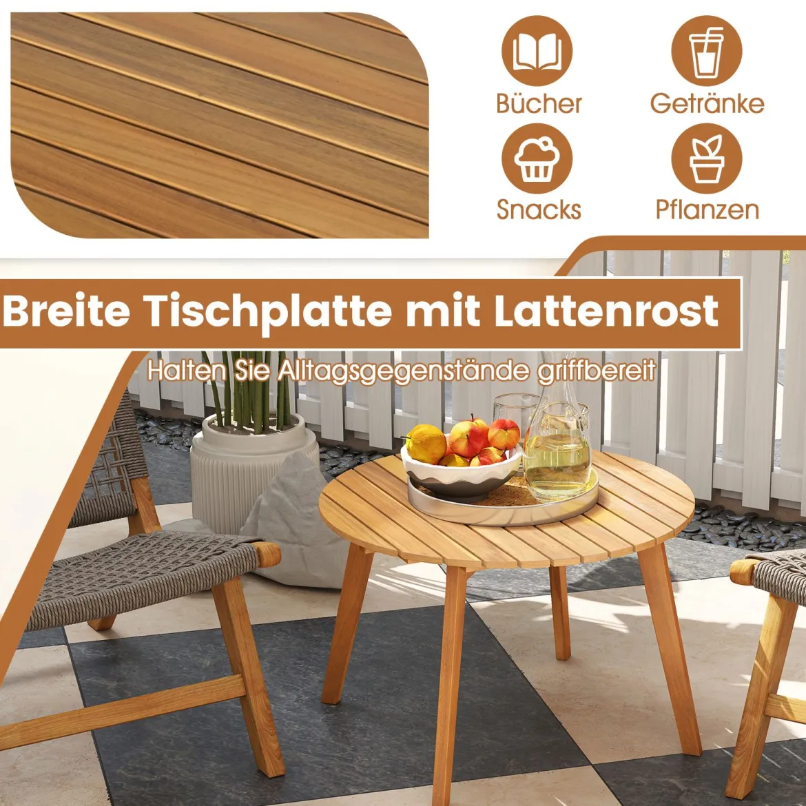 Wetterfester Beistelltisch aus Akazienholz Runder Gartentisch Balkontisch Kaffeetisch 62 x 62 x 40 cm