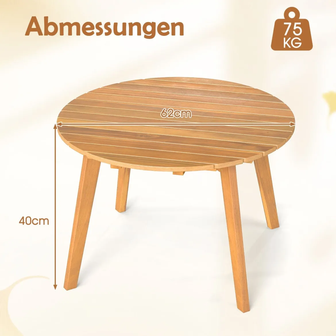 Wetterfester Beistelltisch aus Akazienholz Runder Gartentisch Balkontisch Kaffeetisch 62 x 62 x 40 cm