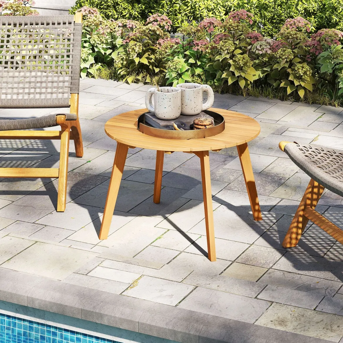 Wetterfester Beistelltisch aus Akazienholz Runder Gartentisch Balkontisch Kaffeetisch 62 x 62 x 40 cm
