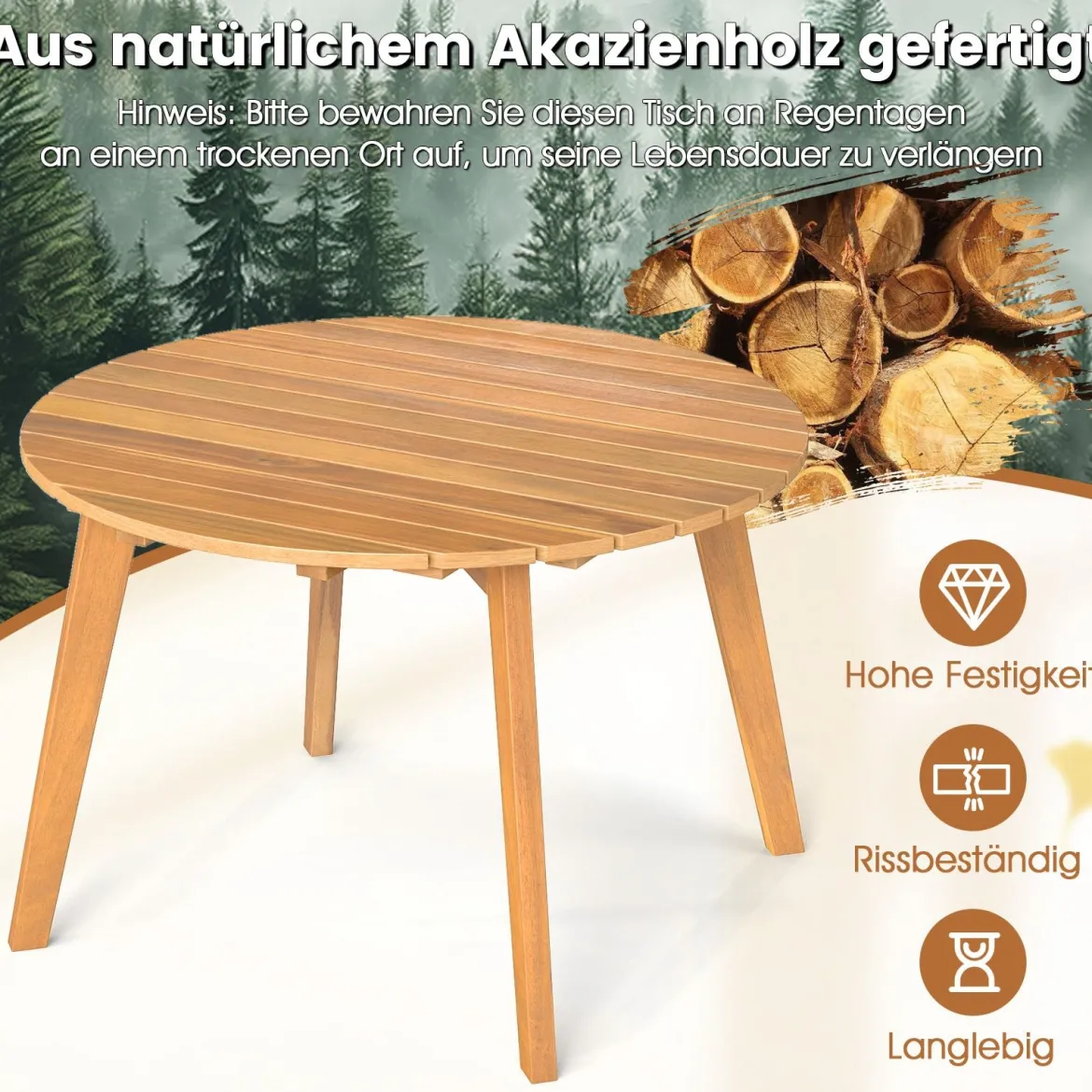 Wetterfester Beistelltisch aus Akazienholz Runder Gartentisch Balkontisch Kaffeetisch 62 x 62 x 40 cm
