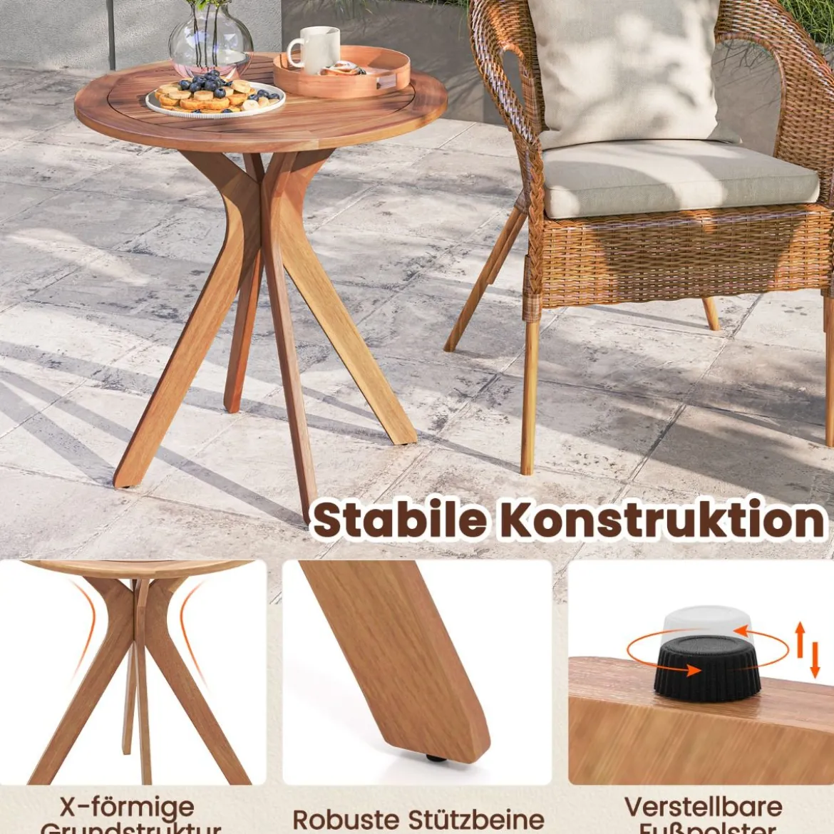 Wetterfester Gartentisch aus Akazienholz Runder Holztisch Beistelltisch Balkontisch Bistrotisch