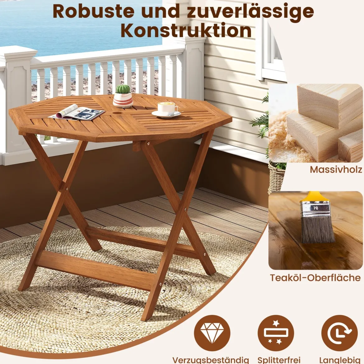 Wetterfester Gartentisch mit Schirmloch Achteckiger Holztisch Balkontisch Esstisch Natur