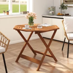 Wetterfester Gartentisch mit Schirmloch Achteckiger Holztisch Balkontisch Esstisch Natur