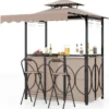 Wetterfester Grillpavillon mit Bar & 2 Barhockern Gartenpavillon mit Doppeldach & Markise Braun